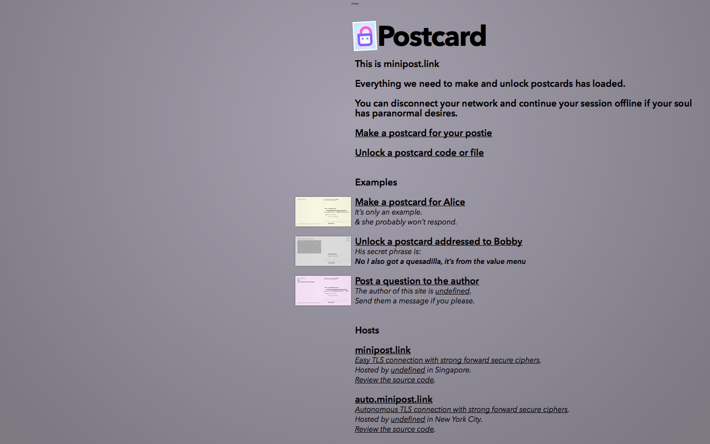 miniLock Postcard Home Page
